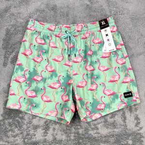 Hurley Flamingo Swim Shorts Men XL Green Pink Stretch‎ Wicking 8" Inseam NWT